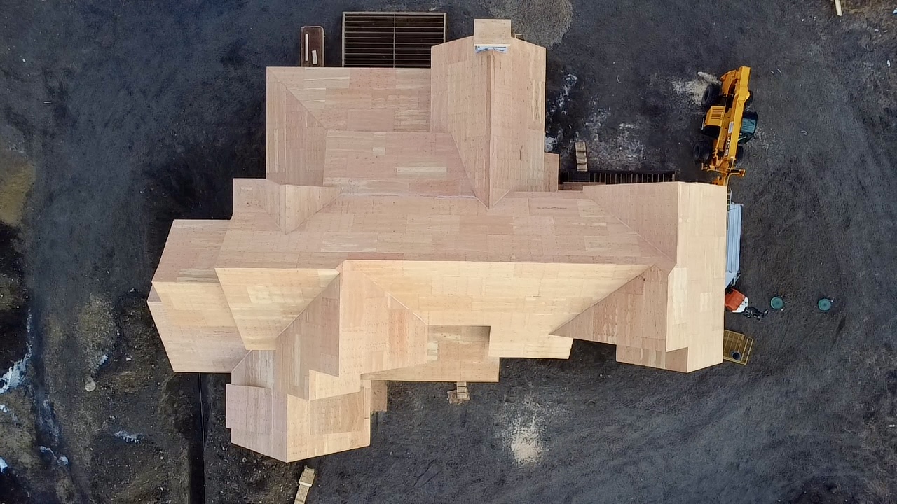 Overhead view of a completed roof sheathing layout